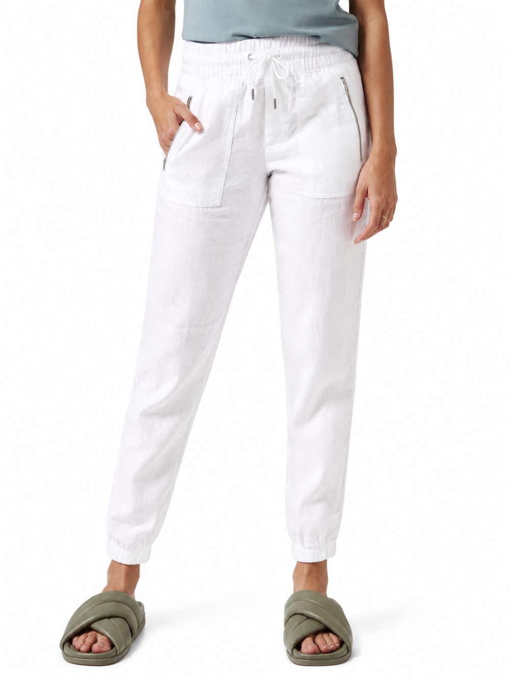 Athleta Cabo 100% Linen White Track Jogger Pants Size 10 Semi-Fitted Drawstring